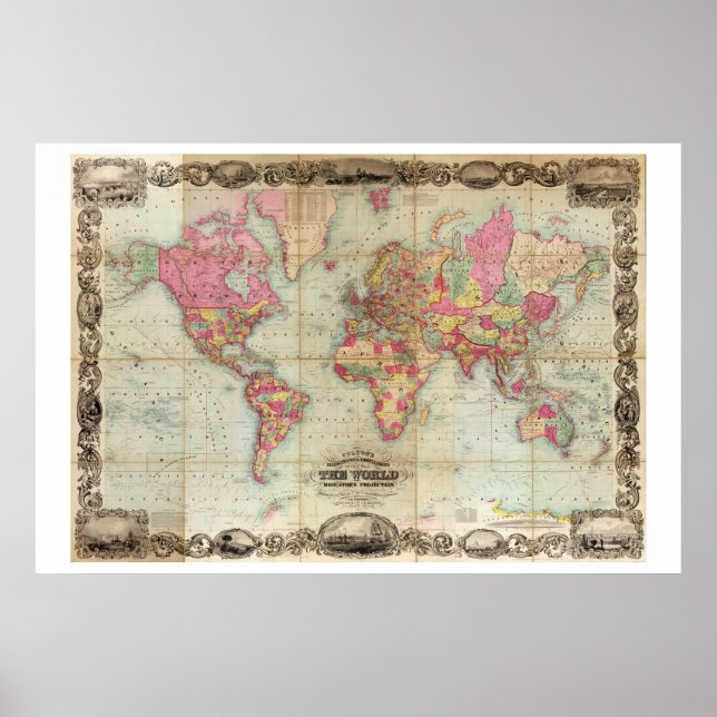 Colton's Illustrated, embellished Map of the World Poster (Front)