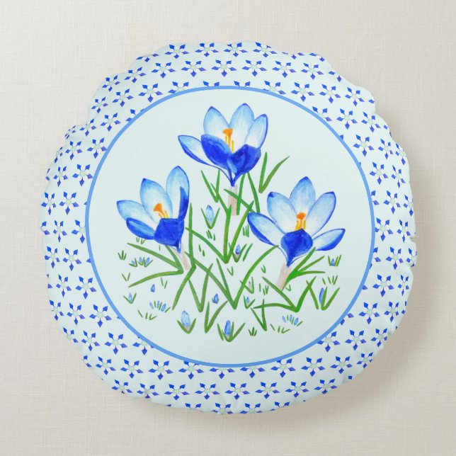 Columbine and Blue Crocuses Round Cushion (Front)