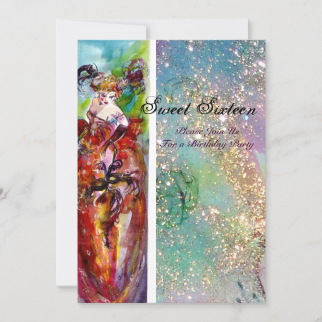 COLUMBINE Sweet Sixteen Masquerade Party,blue gold Invitation (Front)