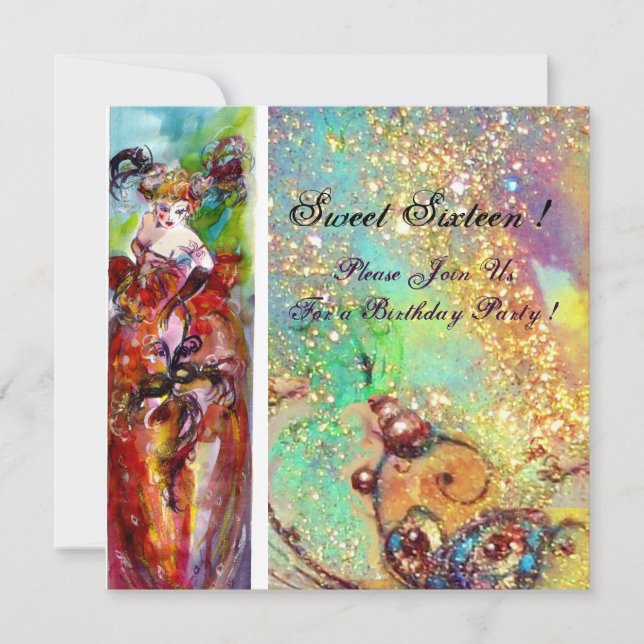 COLUMBINE,Sweet Sixteen Masquerade Party,red blue Invitation (Front)