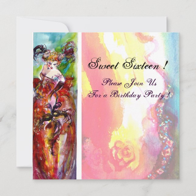 COLUMBINE,Sweet Sixteen Masquerade Party,yellow Invitation (Front)