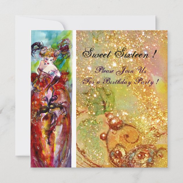 COLUMBINE,Sweet Sixteen Masquerade Party,yellow Invitation (Front)