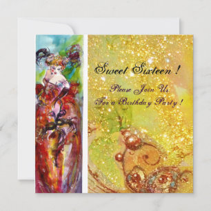 COLUMBINE,Sweet Sixteen Masquerade Party,yellow Invitation