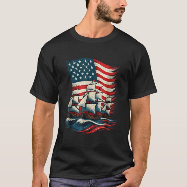 Columbus Day Sailing Ship American Flag Patriotic  T-Shirt (Front)