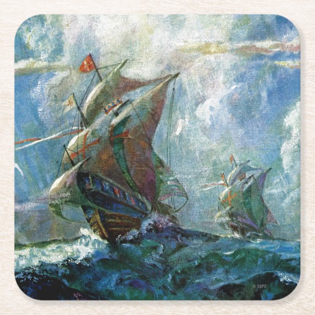 Columbus Day Square Paper Coaster (Front)