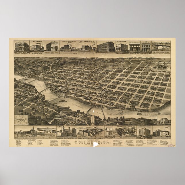 Columbus Georgia 1886 Antique Panoramic Map Poster (Front)