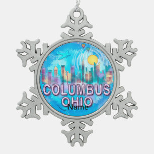 Columbus Skyline Snowflake Pewter Christmas Ornament