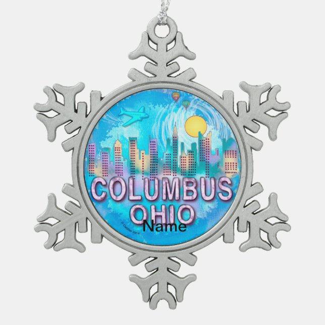 Columbus Skyline Snowflake Pewter Christmas Ornament (Front)
