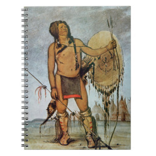 Comanche warrior with a shield, lance and bow and notebook