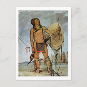 Comanche warrior with a shield, lance and bow and postcard