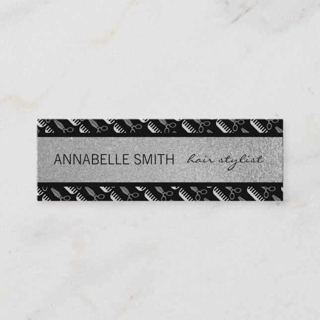 Comb and Shears / Hair Stylist / Silver Glitter Mini Business Card (Front)