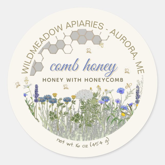 COMB HONEY Honey with Comb Meadow Flowers & Bees   Classic Round Sticker (Front)