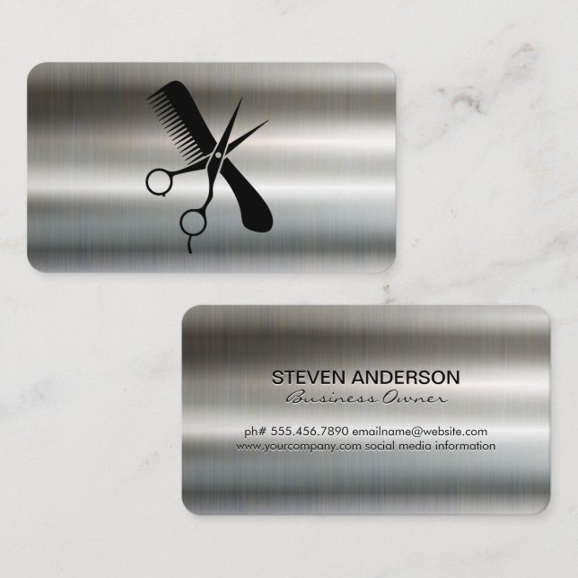 Comb Scissors | Barber | Metallic Background Business Card (Front/Back)