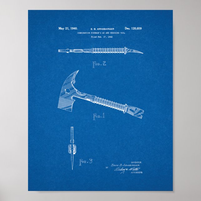 Combination Fireman's Axe And Wrecking Tool Patent Poster (Front)