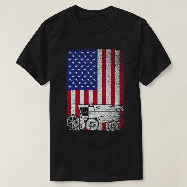 Combine Harvester American Flag Farmer Agriculture T-Shirt (Design Front)