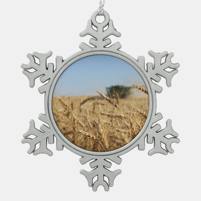 Combine in Wheat Field Snowflake Pewter Christmas Ornament (Front)