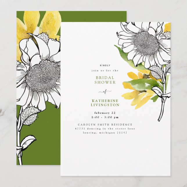 Combo Sunflower Watercolor Bridal Shower Invitation (Front/Back)