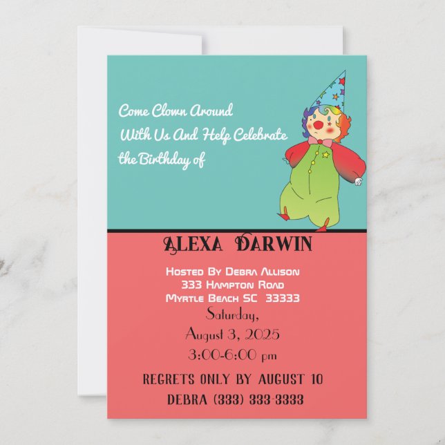 Come Clown Around with Alexa Darwin! Invitation (Front)