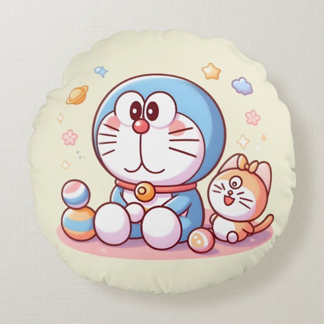 Come Come Cat And Doraemon Round Cushion (Front)