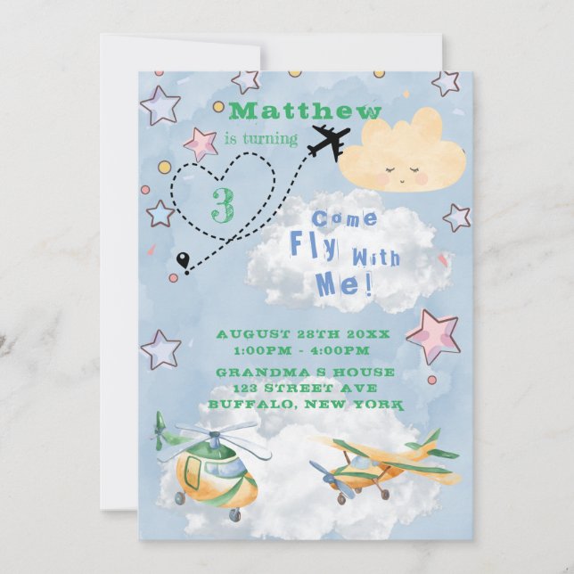 Come Fly With Me Aeroplanes Boy Birthday Party Ann Announcement (Front)