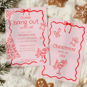 Come hang out Whimsical Red Pink Christmas Party Invitation