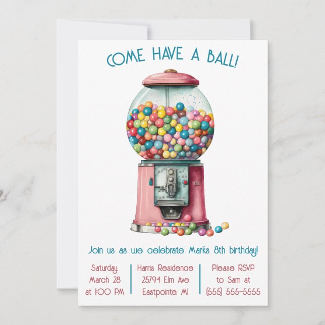 Come Have a Ball! Retro Bubble Gum Birthday Party Invitation (Front)