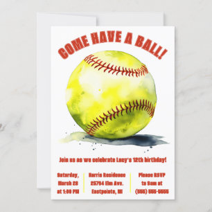 Come Have a Ball! Softball Themed Birthday Party Invitation