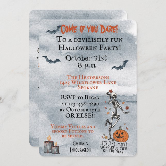 Come If You Dare Skeletons Halloween Party   Invitation (Front/Back)