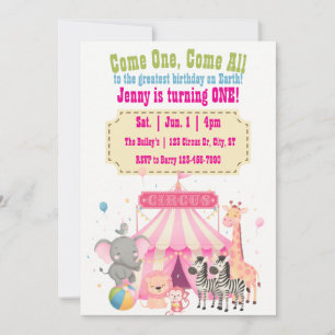 Come One Come All Pink 1st Circus Birthday Invitation