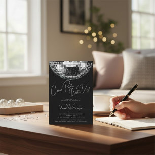 Come party black modern disco ball birthday invitation