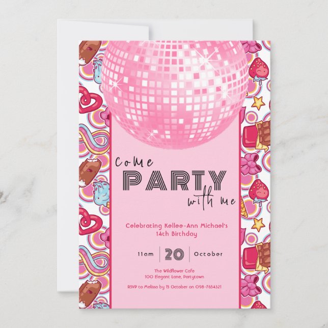 Come Party With Me pink birthday invitation (Front)