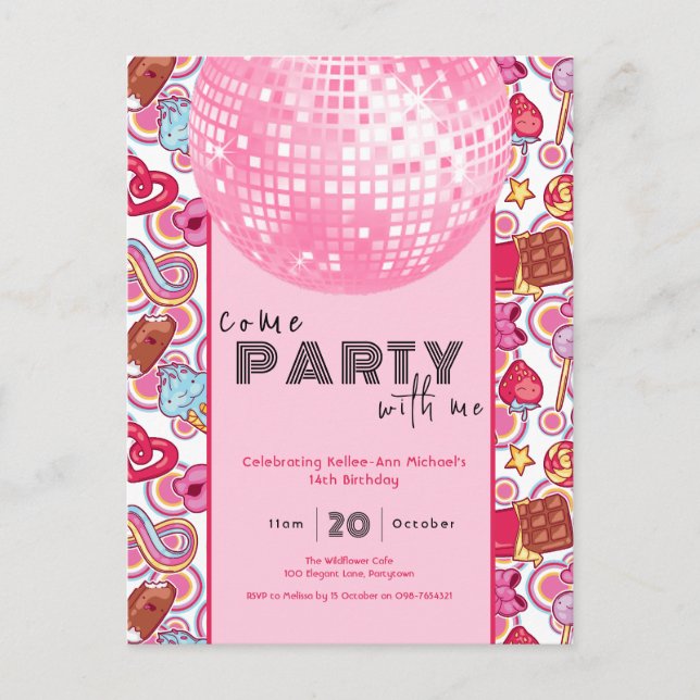 Come Party With Me pink birthday invitation Postcard (Front)