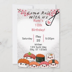 Come Roll With Us Sushi birthday  Invitation