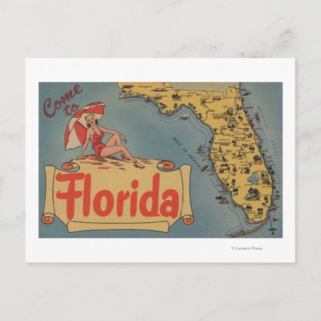 Come to Florida Map of the State, Pin-Up Girl Postcard (Front)