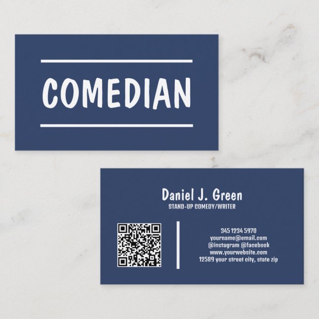 🤡 Comedian Stand Up Custom QR Blue Business Card (Front/Back)