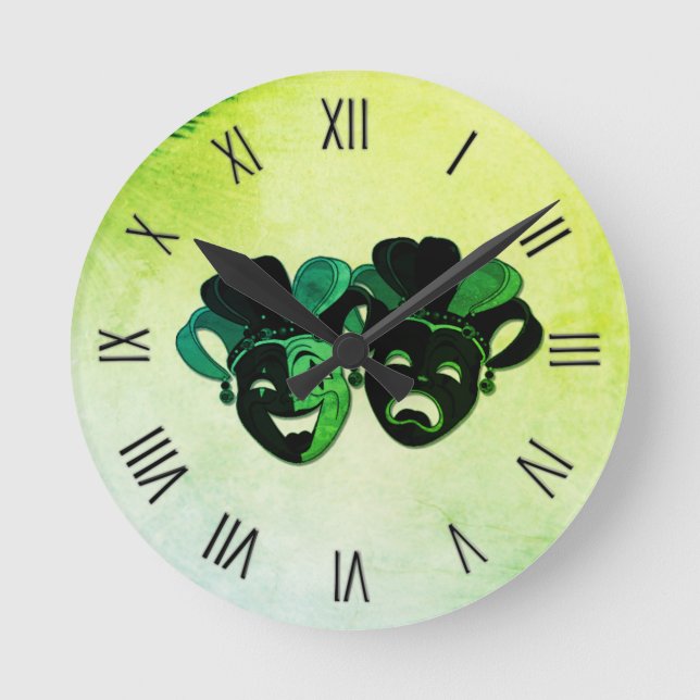  Comedy and Tragedy Theatre Green Square Numerals Round Clock (Front)