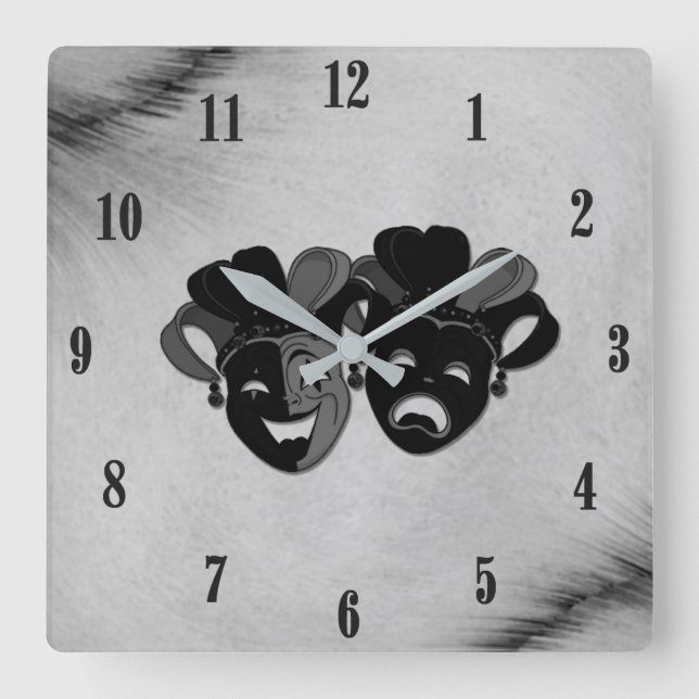 Comedy and Tragedy Theatre Jester Masks Silver Square Wall Clock (Front)