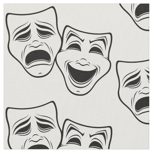 Comedy And Tragedy Theatre Masks Black Line Fabric (Close Up)