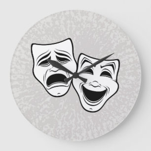 Comedy And Tragedy Theatre Masks Black Line Large Clock