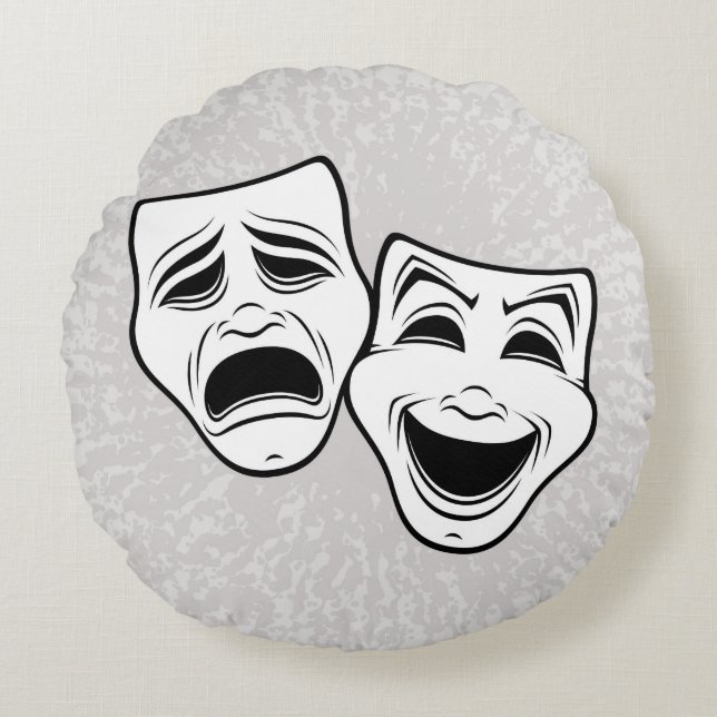 Comedy And Tragedy Theatre Masks Black Line Round Cushion (Front)