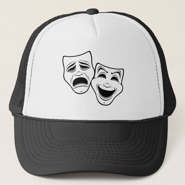Comedy And Tragedy Theatre Masks Black Line Trucker Hat (Front)