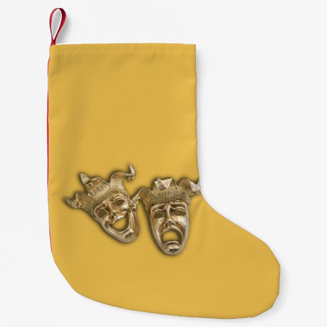 Comedy and Tragedy Theatre Masks Gold Small Christmas Stocking (Front)