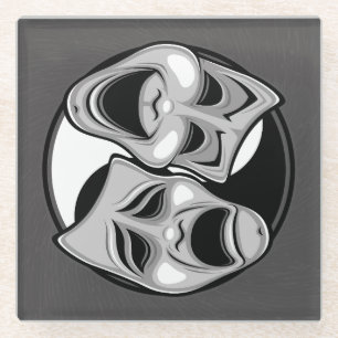 Comedy and Tragedy Theatre Masks Yin Yang Design Glass Coaster