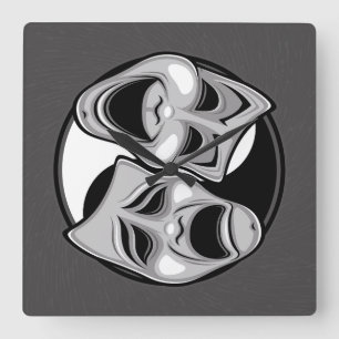 Comedy and Tragedy Theatre Masks Yin Yang Design Square Wall Clock