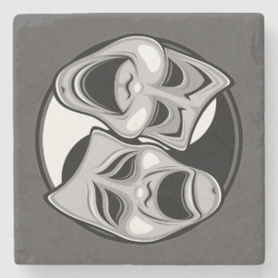 Comedy and Tragedy Theatre Masks Yin Yang Design Stone Coaster