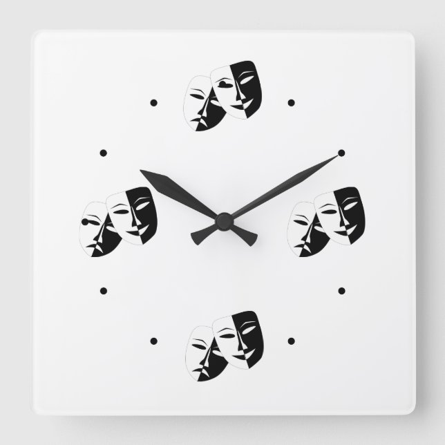 Comedy Tragedy Black and White Theatre Mask  Squar Square Wall Clock (Front)