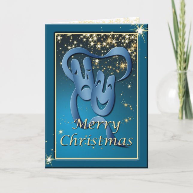 Comedy Tragedy Blue Theatre Mask Christmas Card (Front)