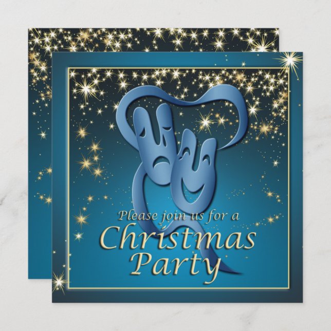 Comedy Tragedy Blue Theatre Mask Christmas Party Invitation (Front/Back)