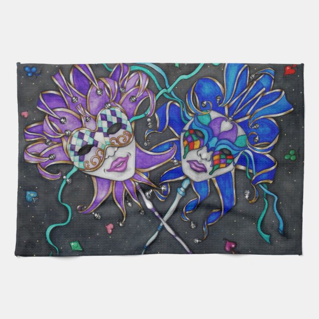 Comedy/Tragedy Jester Masks Tea Towel (Horizontal)