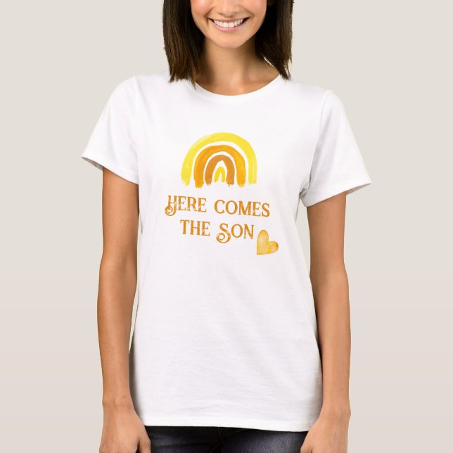 Comes Son Yellow Sunshine Rainbow Baby Shower T-Shirt (Front)